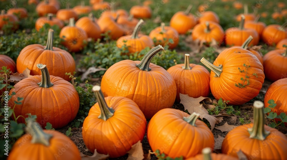 A vibrant pumpkin patch filled with various sizes and shapes of pumpkins, surrounded by green vines and autumn leaves