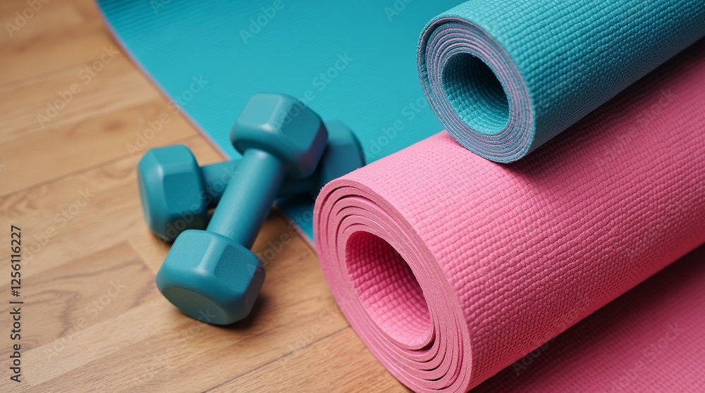 Fitness equipment: yoga mat and dumbbells on hardwood floor. Fitness equipment: yoga mat and dumbbells on hardwood floor.