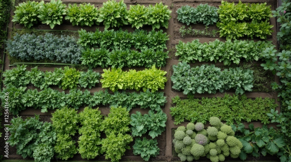 An aerial view of a beautifully arranged vegetable garden with neatly organized rows of various vegetables An aerial view of a beautifully arranged vegetable garden with neatly organized rows of various vegetables
