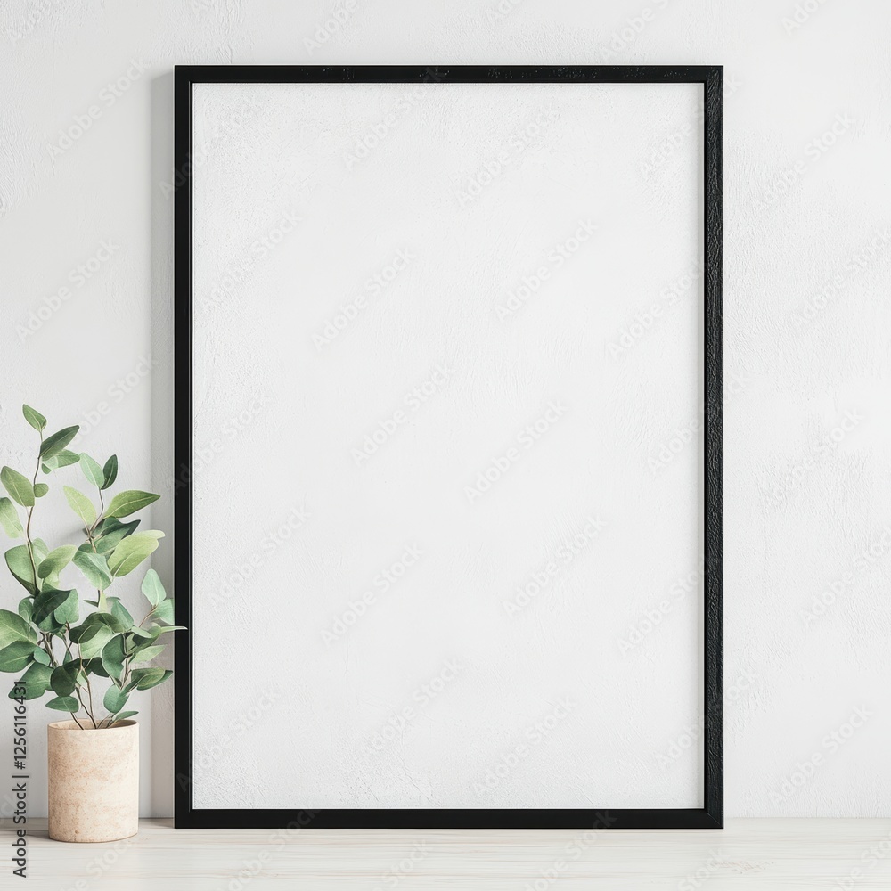 Simple Empty Billboard Panel with Thin Black Frame on White Wall Simple Empty Billboard Panel with Thin Black Frame on White Wall
