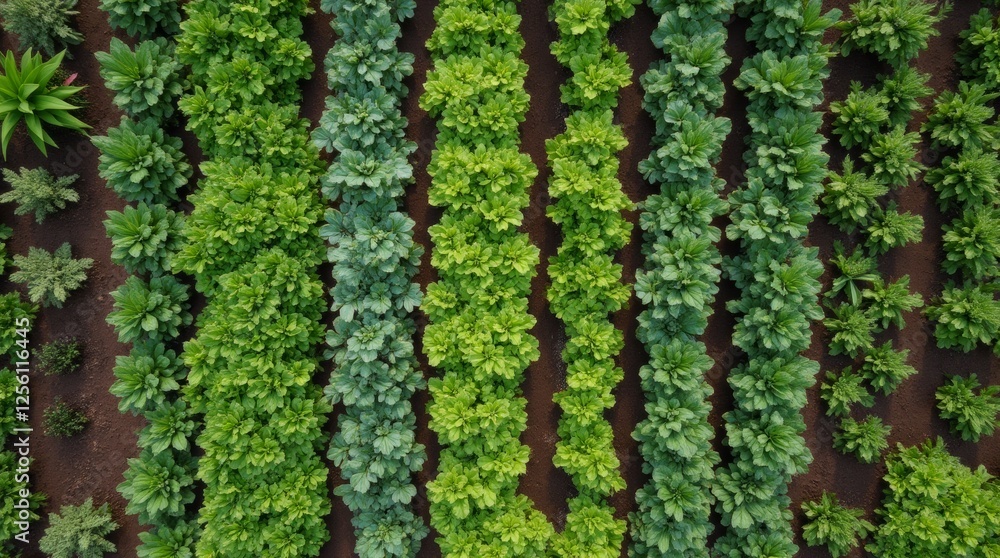 An aerial view of a beautifully arranged vegetable garden with neatly organized rows of various vegetables An aerial view of a beautifully arranged vegetable garden with neatly organized rows of various vegetables