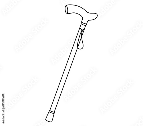 Hand drawn cute outline illustration of walking stick. Flat vector disability device outline doodle. Health care treatment sticker, icon. Rehabilitation hospital cane. Diversity or inclusion. Isolated photo