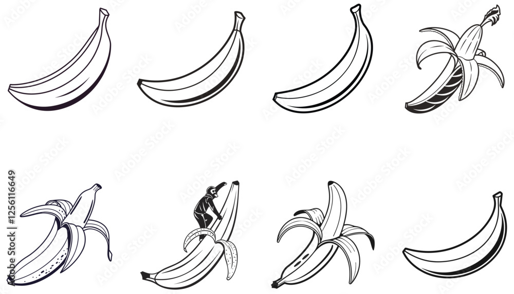 Black and White Vector Illustration Set of Bananas in Various Styles Tropical Fruit Collection Black and White Vector Illustration Set of Bananas in Various Styles Tropical Fruit Collection