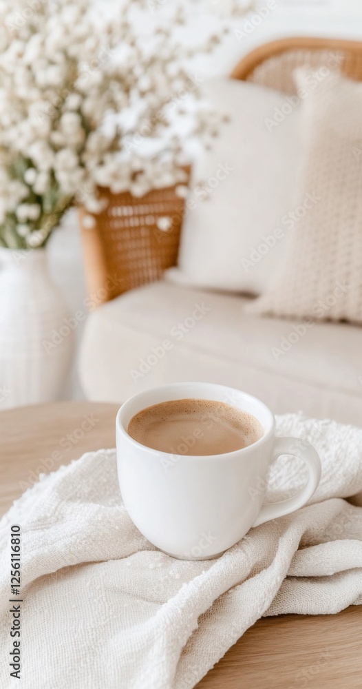 Cozy coffee on table, calming home interior Cozy coffee on table, calming home interior