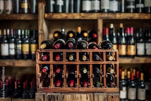 Well organized wine cellar with wine bottles. Copy space. photo