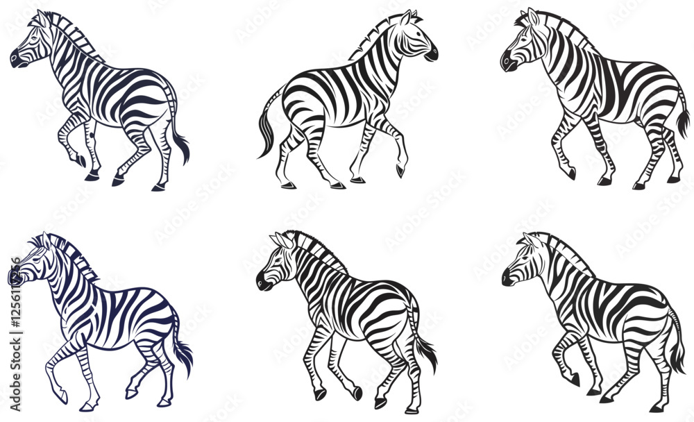 Fototapeta premium Black and White Vector Illustration Set of Zebras in Various Poses Wildlife and Safari Theme