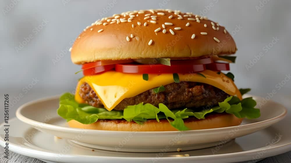 Cheeseburger with lettuce and tomato on a sesame seed bun Cheeseburger with lettuce and tomato on a sesame seed bun