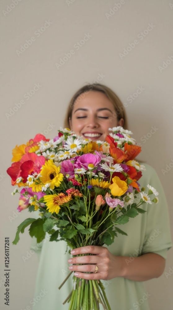 A woman is holding a bouquet of flowers A woman is holding a bouquet of flowers