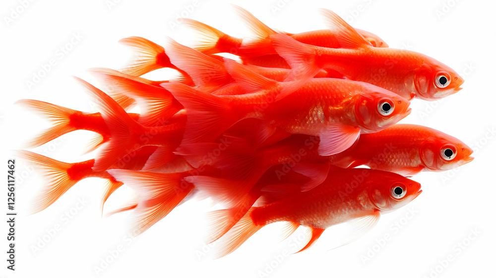 Fototapeta premium A vibrant group of red goldfish swimming together, showcasing their unique fins and bright colors in a serene aquatic scene.