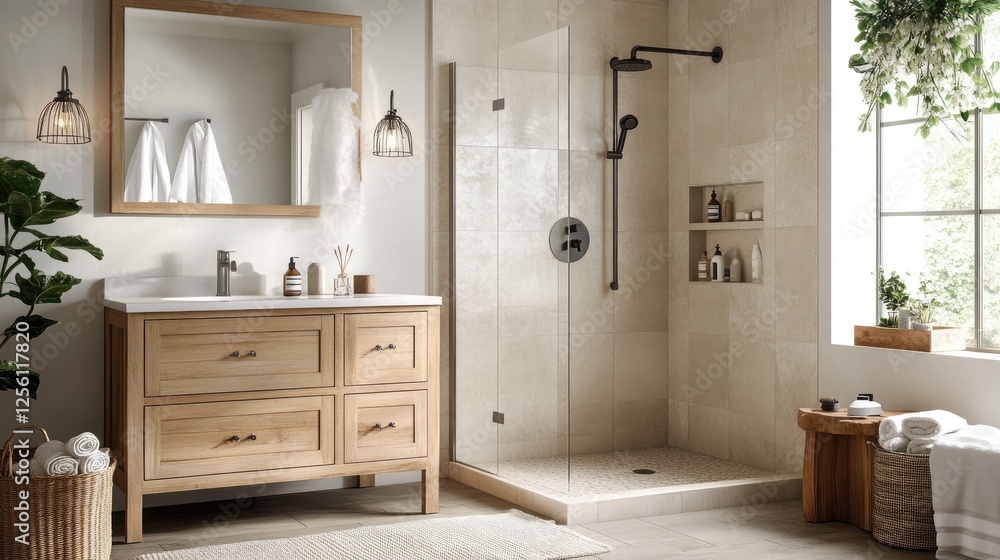 Scandinavian bathroom with a walk-in shower, light wood vanity, and neutral tile for a clean and calming space Scandinavian bathroom with a walk-in shower, light wood vanity, and neutral tile for a clean and calming space
