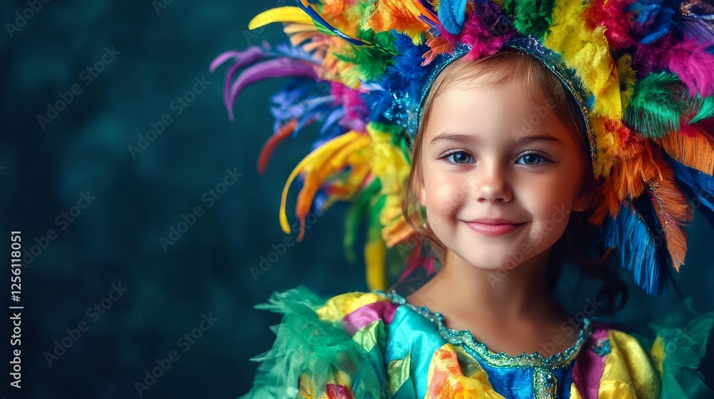 A cute young girl in a bright colorful carnival costume on a dark background A cute young girl in a bright colorful carnival costume on a dark background