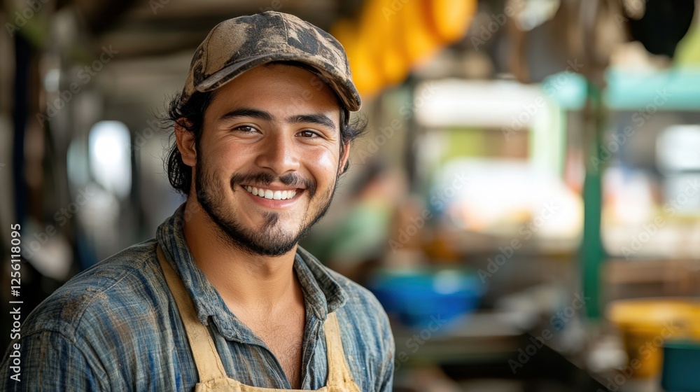 Smiling young chef showcasing his culinary skills while working at a bustling market during the day Smiling young chef showcasing his culinary skills while working at a bustling market during the day
