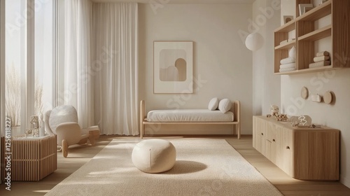 Scandinavian nursery with light wooden furniture  a soft neutral palette  and simple wall decor for a serene feel