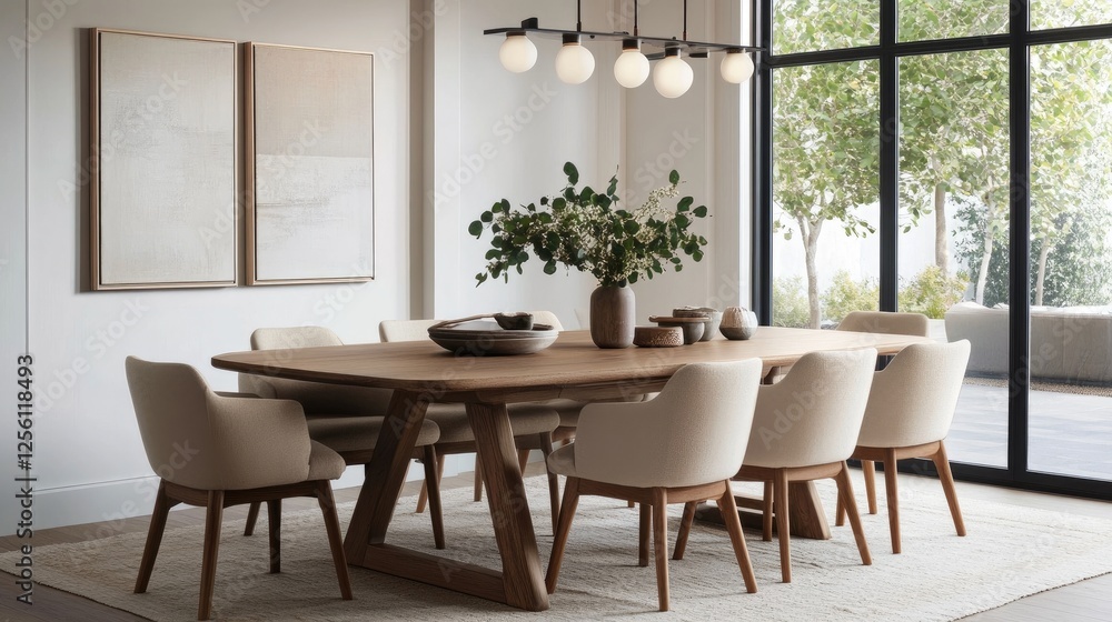 Scandinavian-inspired dining room with a sleek wooden table, neutral-toned chairs, and soft overhead lighting Scandinavian-inspired dining room with a sleek wooden table, neutral-toned chairs, and soft overhead lighting