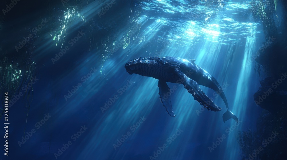 A majestic humpback whale gliding through the deep ocean, rays of sunlight penetrating the blue depths. A majestic humpback whale gliding through the deep ocean, rays of sunlight penetrating the blue depths.