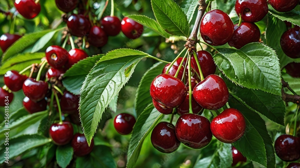 A lush cherry tree laden with ripe, red cherries, surrounded by vibrant green leaves A lush cherry tree laden with ripe, red cherries, surrounded by vibrant green leaves