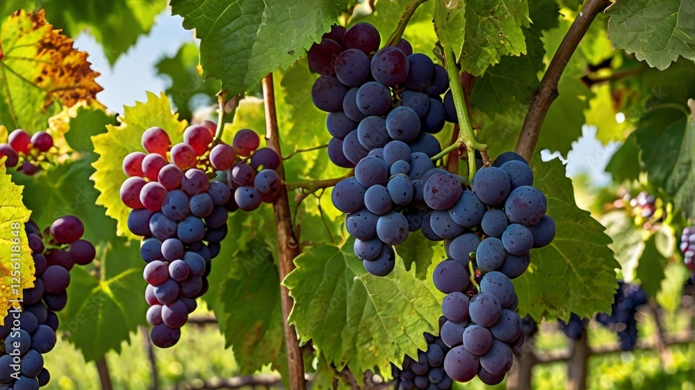 A lush grape vine draped with clusters of ripe grapes, surrounded by vibrant green leaves A lush grape vine draped with clusters of ripe grapes, surrounded by vibrant green leaves