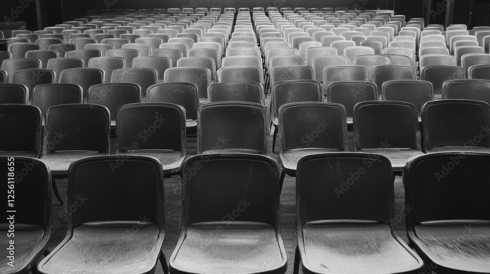 Fototapeta premium Empty auditorium chairs, rows, perspective, hall, performance venue, event