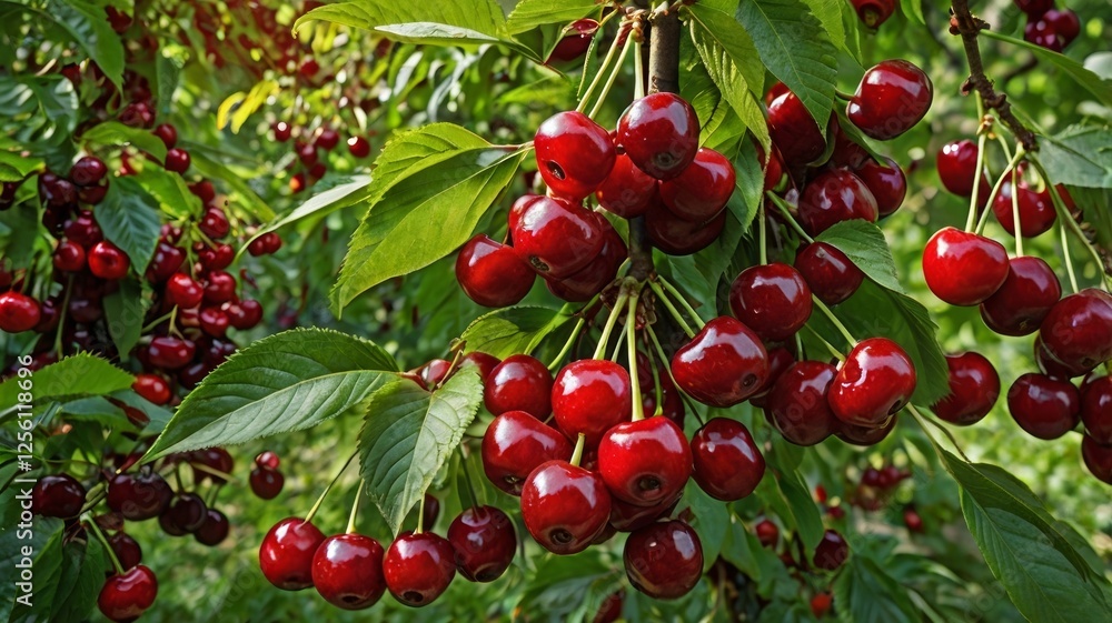 A lush cherry tree laden with ripe, red cherries, surrounded by vibrant green leaves A lush cherry tree laden with ripe, red cherries, surrounded by vibrant green leaves