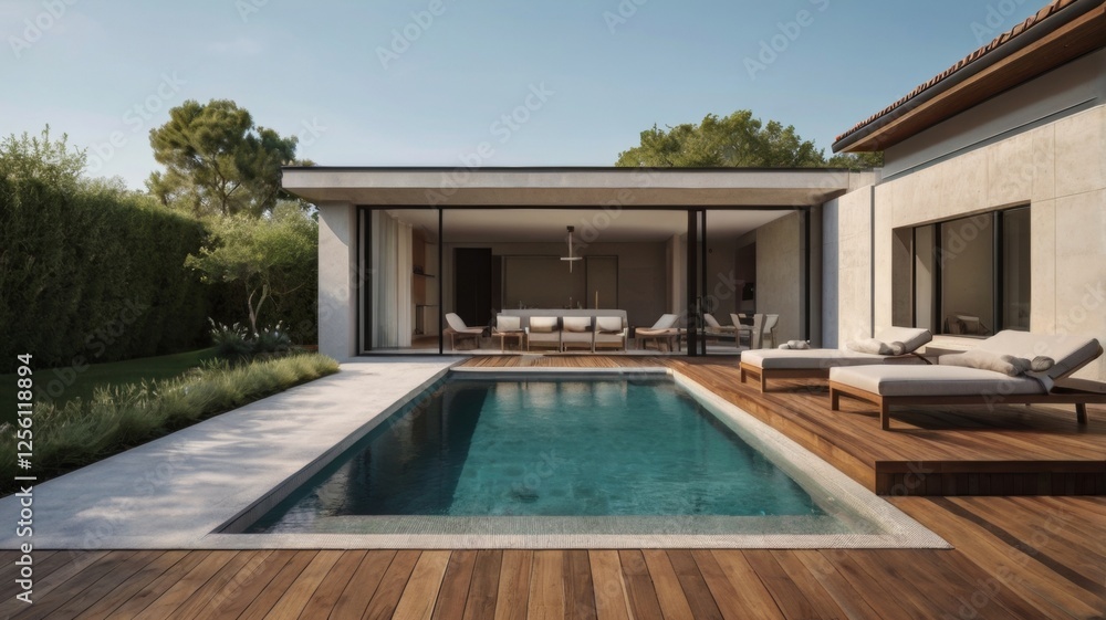 Fototapeta premium A luxurious swimming pool surrounded by lush greenery and elegant lounge chairs, reflecting the clear blue sky. 