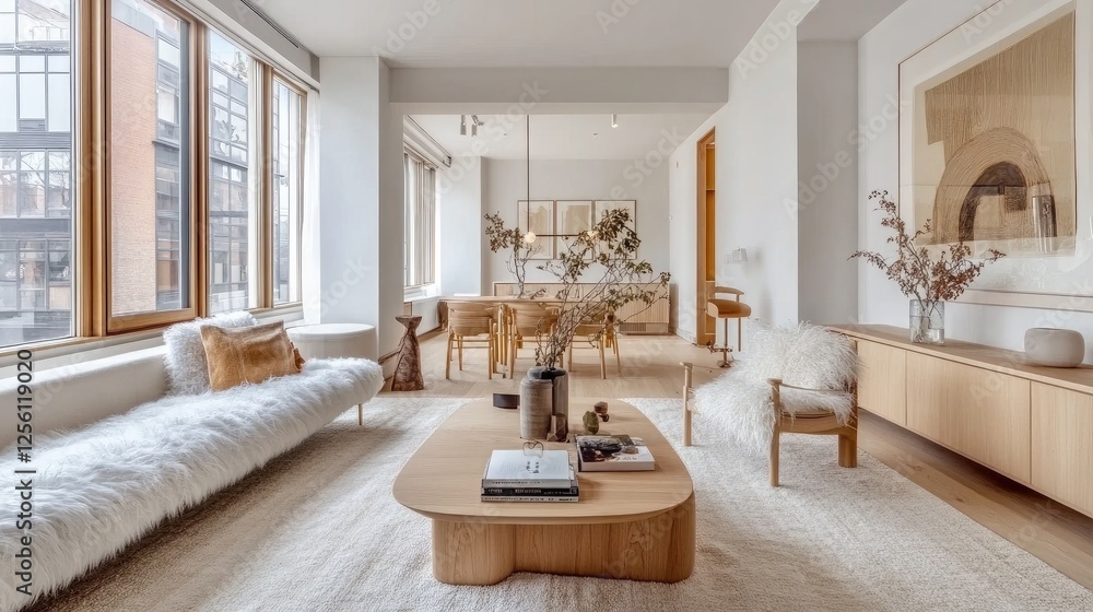 Scandinavian-style living room with white walls, light wooden furniture, and fluffy accents for warmth Scandinavian-style living room with white walls, light wooden furniture, and fluffy accents for warmth