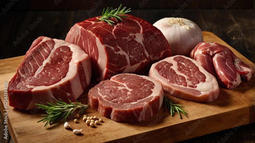 A variety of local meat cuts displayed on a wooden butcher block, showcasing different textures and colors. 