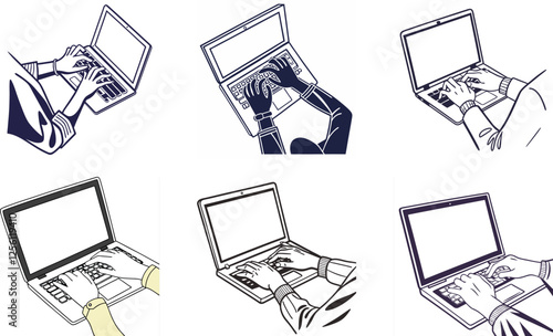 Hand Drawn Laptop and Typing Hands Illustration  Cybersecurity, Hacking, and Digital Work Concept