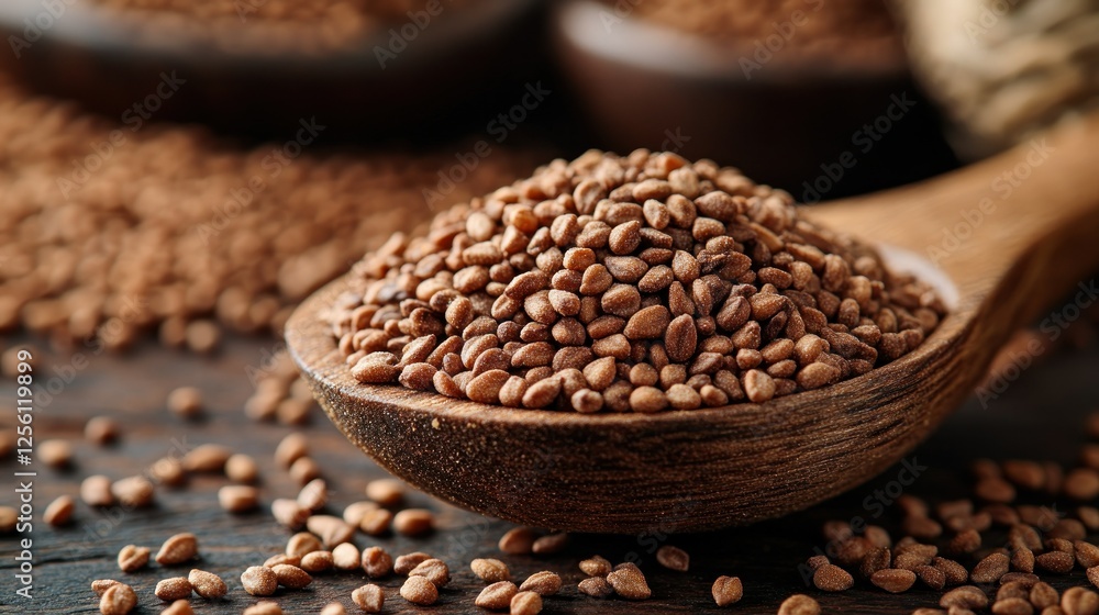 Wooden spoon of sesame seeds on table, bowls in background, food photography Wooden spoon of sesame seeds on table, bowls in background, food photography