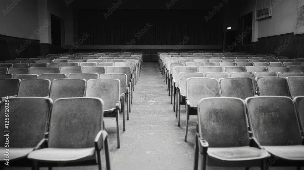 Fototapeta premium Empty theater rows, dark stage, dust, abandoned