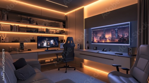 Sleek gaming room with a corner desk  ultra-wide monitor  cable management  and LED strip lighting for a clean aesthetic
