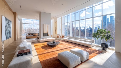 Sleek living room with a focus on negative space  featuring a central rug  low furniture  and large windows