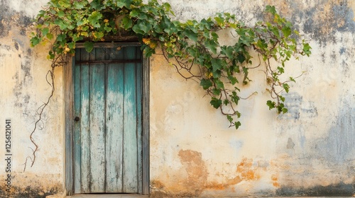 Antique Turquoise Door with Ivy on Old Wall