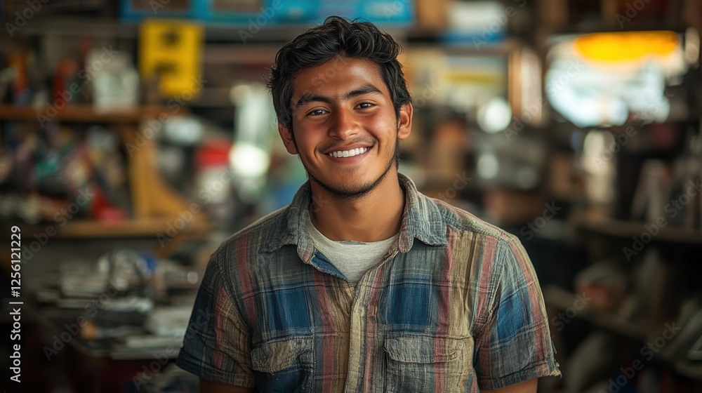 Young man smiles warmly in a workshop filled with tools during a bright afternoon, showcasing a spirit of joy and craftsmanship Young man smiles warmly in a workshop filled with tools during a bright afternoon, showcasing a spirit of joy and craftsmanship
