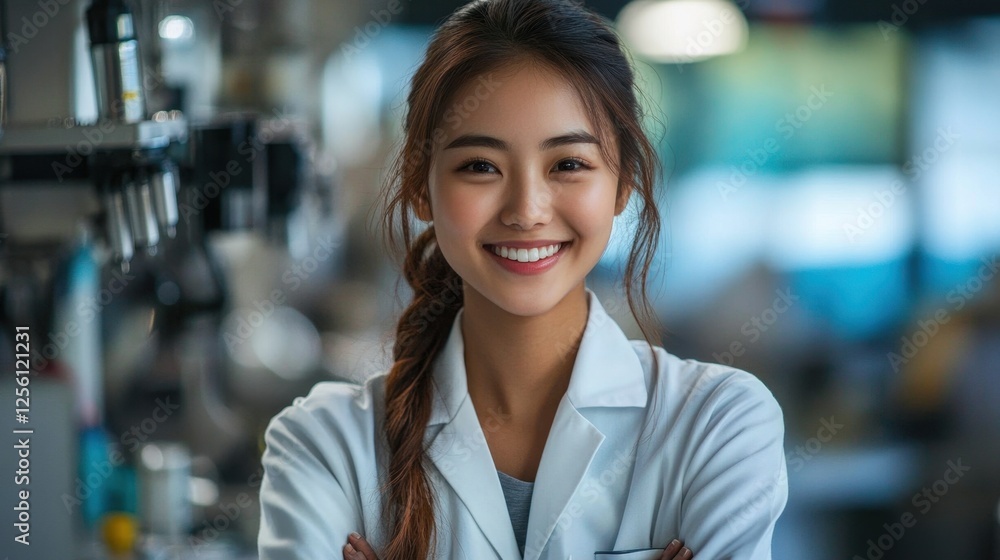 Smiling scientist in a laboratory showcasing enthusiasm for research and innovation on a bright working day Smiling scientist in a laboratory showcasing enthusiasm for research and innovation on a bright working day
