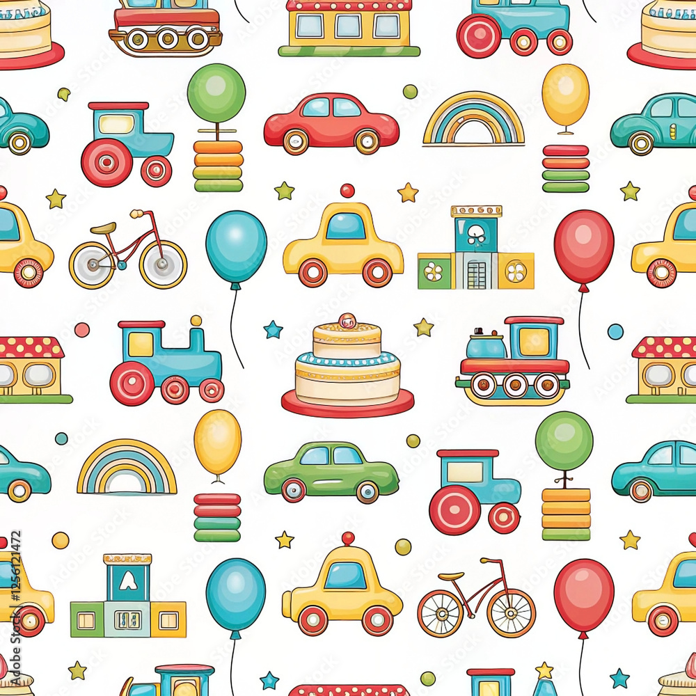 Colorful Toy Seamless Pattern Birthday Party Background for Kids' Fabric Colorful Toy Seamless Pattern Birthday Party Background for Kids' Fabric