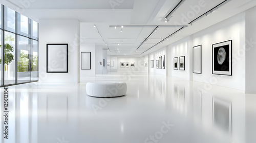 Modern art gallery with bright white walls  spacious layout  and framed artwork for an immersive viewing experience.