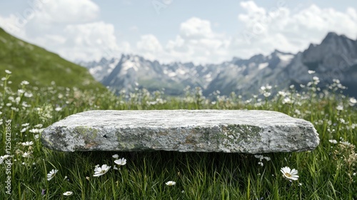 Stone platform in alpine meadow, mountain backdrop, product display