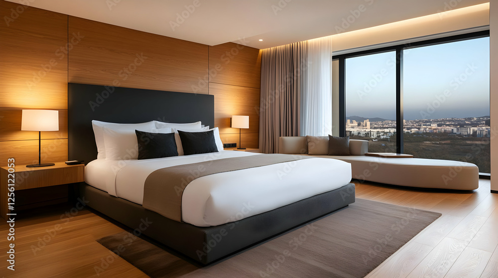 Modern hotel room featuring a spacious king-size bed and large windows with stunning city views, perfect for relaxation. Modern hotel room featuring a spacious king-size bed and large windows with stunning city views, perfect for relaxation.