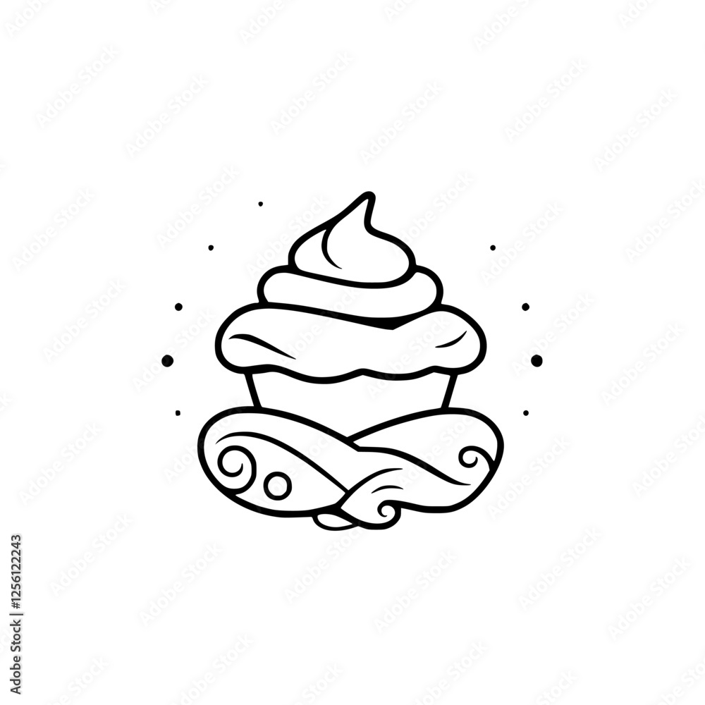 Whimsical cupcake with ornamental swirls and minimalist aesthetic. Whimsical cupcake with ornamental swirls and minimalist aesthetic.