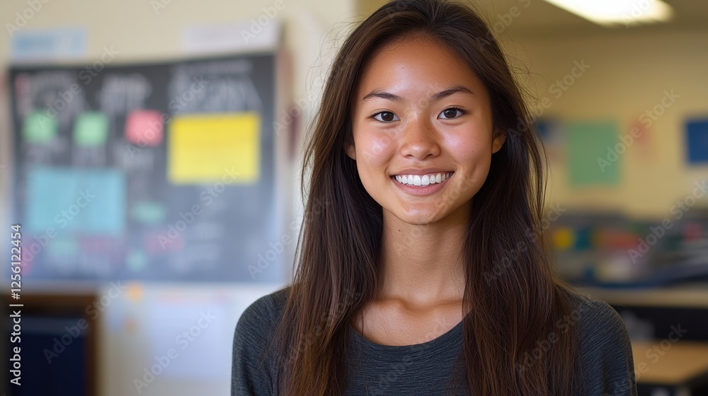 Bright smile of a student in a classroom filled with colorful notes and learning materials during a sunny afternoon Bright smile of a student in a classroom filled with colorful notes and learning materials during a sunny afternoon