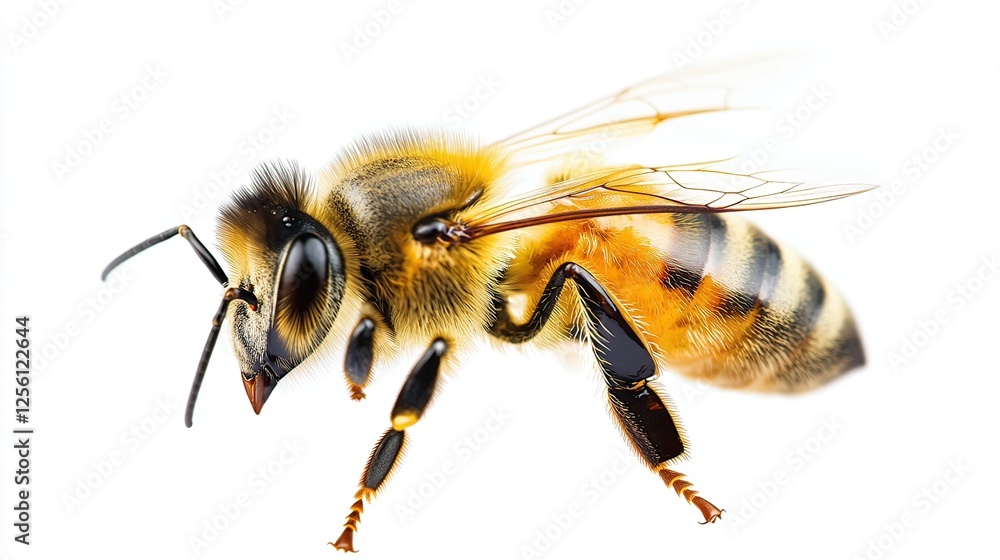 Honeybee in flight, studio shot, white background, pollination Honeybee in flight, studio shot, white background, pollination