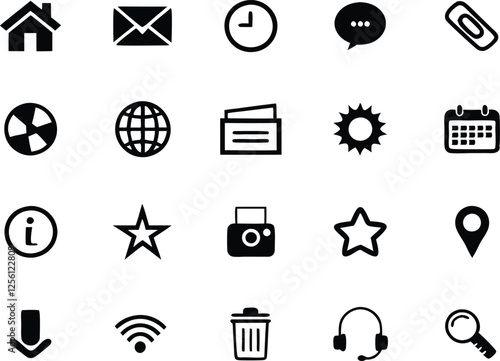 Set of Black Web and UI Icons  Digital Communication, Social Media, Network, and Tools Symbols