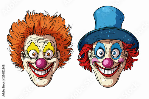 Illustration of scary clowns with wild expressions and sinister smiles. photo