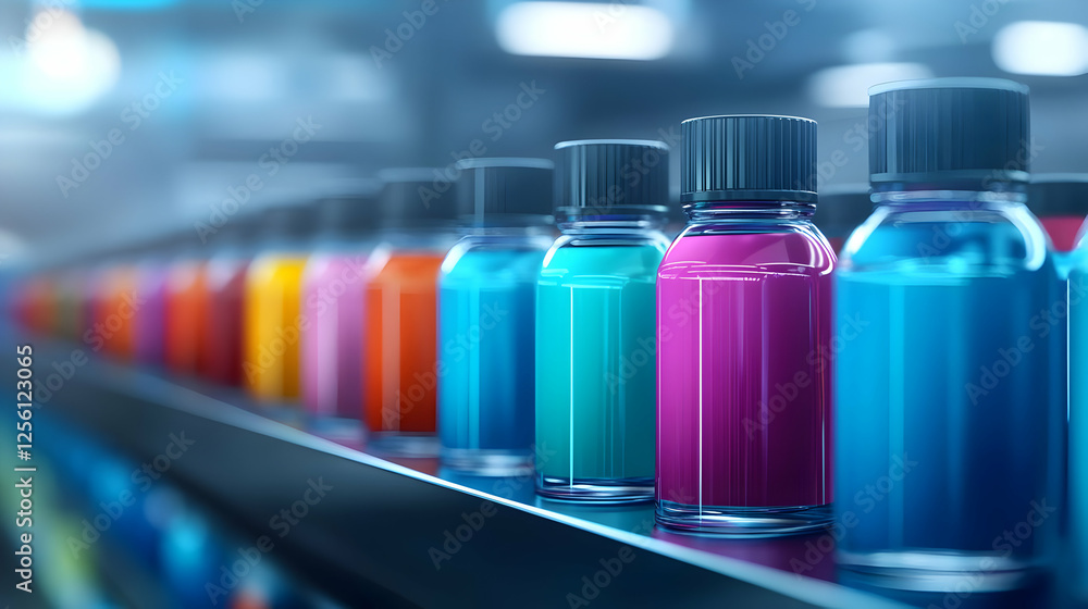 Vibrant bottles of paint lined up on a shelf, showcasing various colors in an artistic setting for creative projects. Vibrant bottles of paint lined up on a shelf, showcasing various colors in an artistic setting for creative projects.