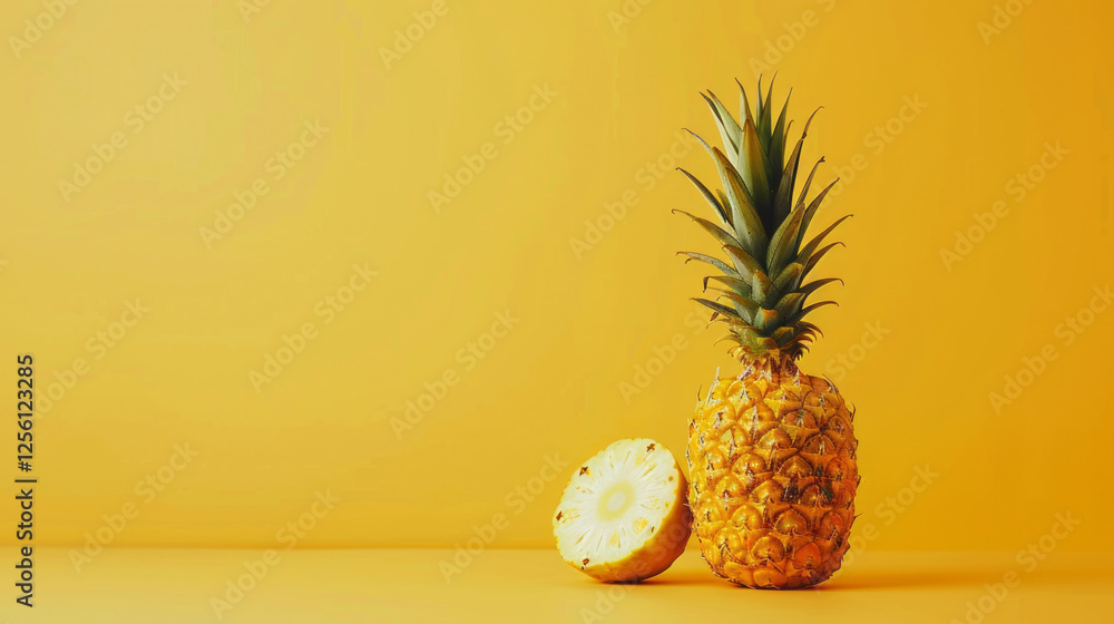 Ripe pineapple and its slice against a solid yellow backdrop. Ripe pineapple and its slice against a solid yellow backdrop.