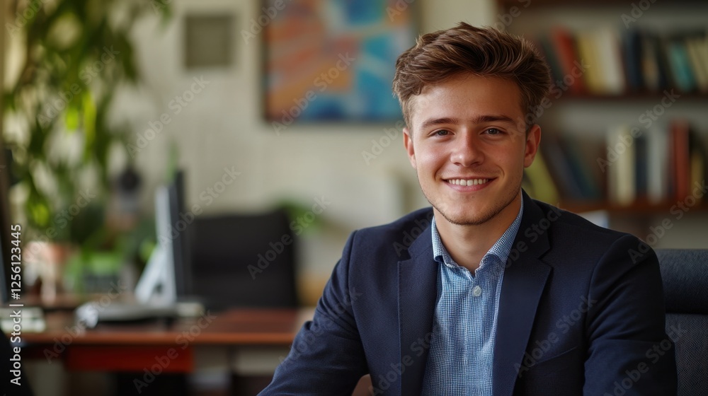 Obraz premium Professional young man smiling confidently in a modern office setting during the day
