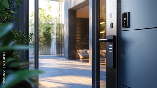 Smart entryway with a digital keyless door lock, automated lighting, and a security system that syncs with your smartphone for ease of access photo