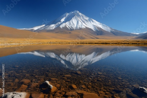 Parinacota volcano mirroring snow-capped peak in glassy Chungará lake waters, Lauca National Park, Chilean Andes