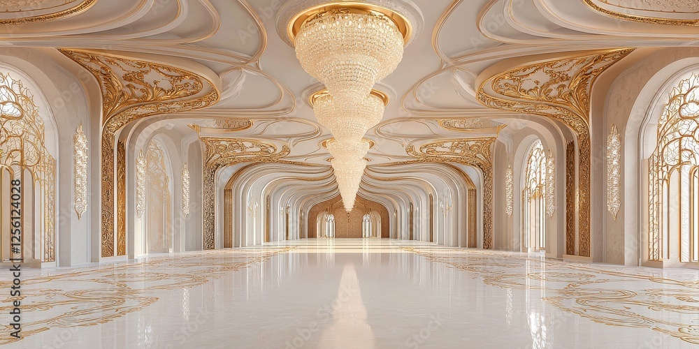 Fototapeta premium Elegant grand hall interior luxurious palace architectural opulent environment wide-angle view interior design concept
