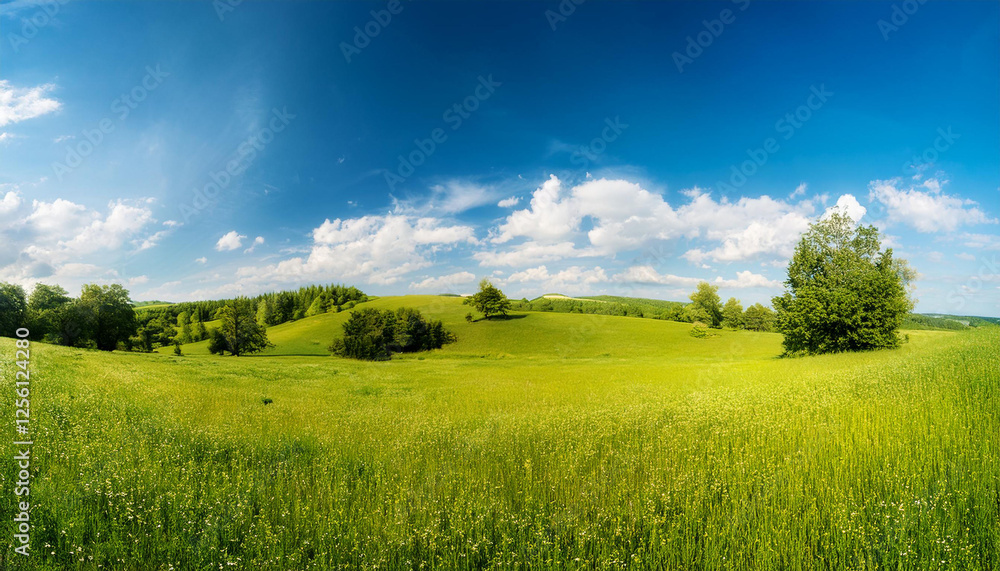 abstract summer time panorama with meadows plants trees trees blue sky and clouds abstract summer time panorama with meadows plants trees trees blue sky and clouds